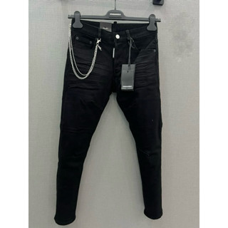 Quần jean bò nam DSQ slimfit đen trơn thêu hai khoá zip mông túi sau phối dây xích bạc cao cấp