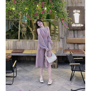 Đầm midi tím hở vai cổ đính ngọc 2903