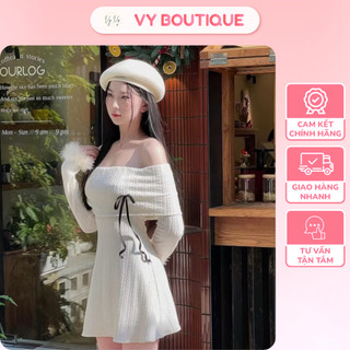 [HỎA TỐC] Đầm Len Trễ Vai Đính Nơ Tay Dài Phối Lông Vũ