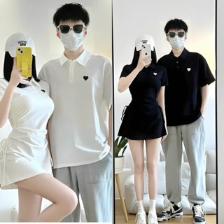 Đồ cặp nam nữ mặc đi chơi chất thun cao cấp áo polo nam form unisex thêu tim, đầm nữ ngắn cổ sơmi tay ngắn phối dây rút