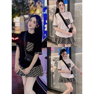 Sét váy nữ thời trang mặc đi chơi áo thun tăm lạnh phối lai túi hoạ tiết mix chân váy kaki ngắn xoè có lót quần trong