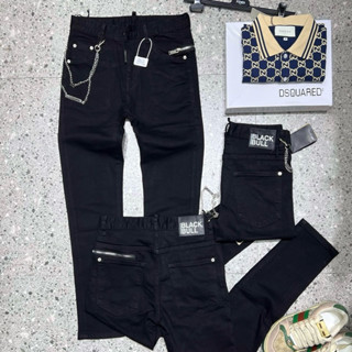 Quần jean bò nam DSQ slimfit đen trơn thêu khoá zip viền eo phối dây xích bạc tag logo cao cấp