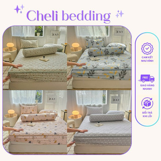 Bộ ga gối trải giường 4 món cotton đũi ép nhiệt trần bông bo chun mẫu mới - bộ ga giường trần bông bo chun cotton