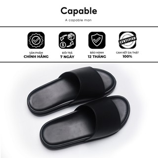 Dép da nam quai ngang màu đen trơn CAPABLE đế tăng chiều cao, chất liệu bò nappa mềm,êm cao cấp, bảo hành 12T