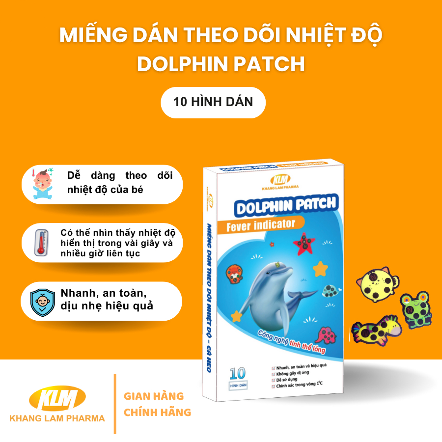 Miếng dán theo dõi nhiệt độ cho bé Dolphin Patch Fever Indicator (Hộp 10 miếng dán)
