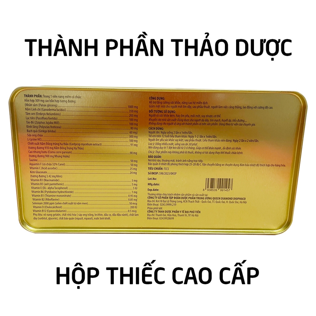 Viên uống Ginseng đông trùng hạ thảo linh chi (hộp thiếc) tăng cường sức khỏe, sức đề kháng - 60 viên