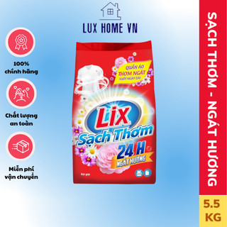 Bột Giặt Lix Sạch Thơm Hương Hoa 5.5kg dùng cho giặt tay, giặt máy đều được; đánh bay vết bẩn cứng đầu