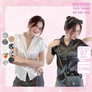 Áo Kiểu Sơ Mi Nữ NHISTORE Cổ Bẻ Chất Tơ Tằm Sọc Tay Ngắn Form Rộng Họa Tiết Thời Thượng Dưới 57KG