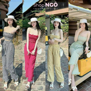 Set Bộ Caro áo quây kẻ viền bèo hồng ,Sét bộ caro áo ống nhún sexy hottrend SHOPNGOO