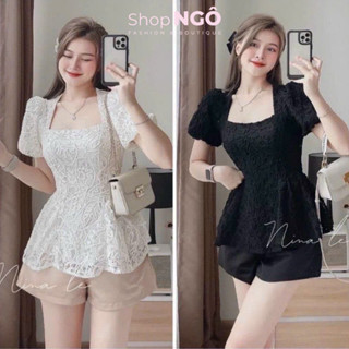 Set đồ nữ áo ren cổ vuông tay phồng xòe (có mút) mix quần đùi tapta 2 màu thanh lịch dễ thương