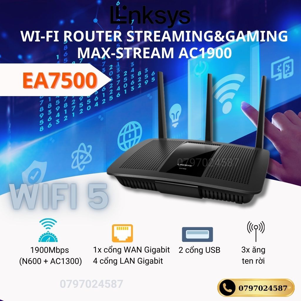 Thiết bị Wifi Router Linksys EA7500 Max-Stream AC1900 Mu-Mimo _mới 100%