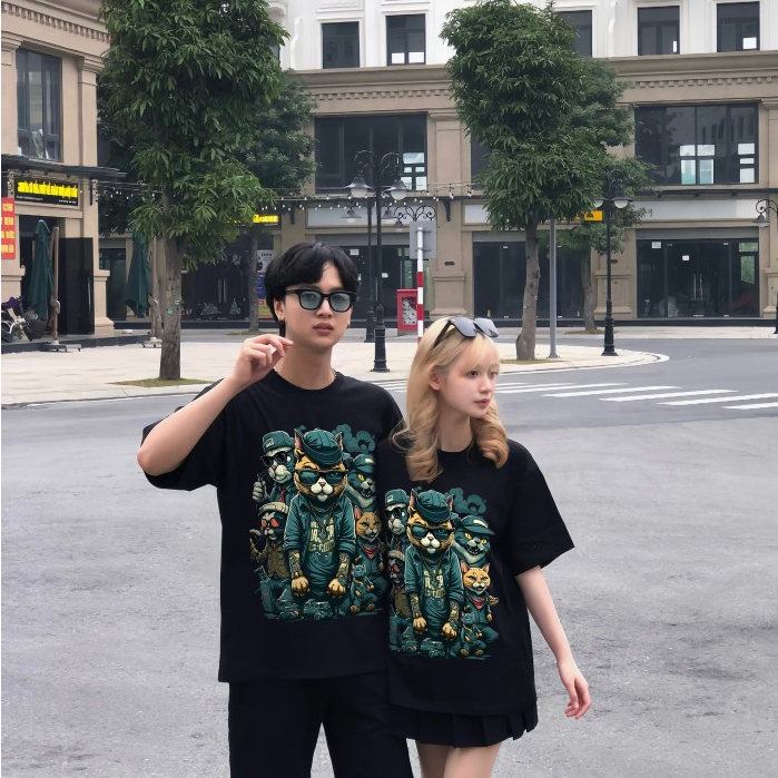 Áo thun phông nam nữ form rộng cổ tròn in hình chó mèo cực chất cực cool
