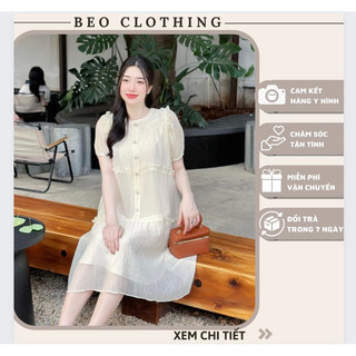 Váy bầu, đầm bầu babydoll dáng dài thiết kế bèo nhiều tầng phối cúc chất liệu voan lụa 2 lớp