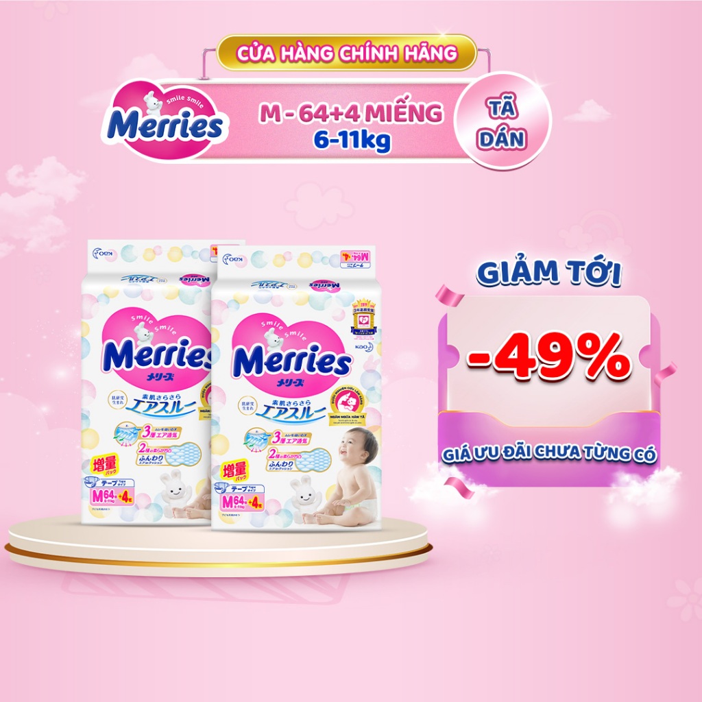 [ƯU ĐÃI THÁNG 4_GIẢM TỚI 49%] Thùng 2 Tã dán Merries cộng miếng size M68