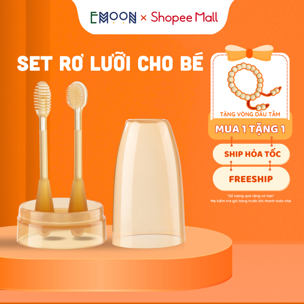 Set rơ lưỡi và bàn chải đánh răng EMOON silicon mềm an toàn, nhẹ nhàng vệ sinh sạch răng miệng cho em bé từ 0 -18 tháng