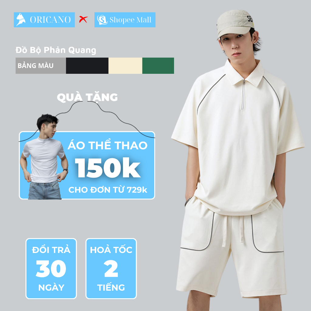 Đồ Bộ Nam ORICANO Cổ Bẻ Chất Vải Cotton Cao Cấp Mix Dây Phản Quang Oversize Thoáng Mát