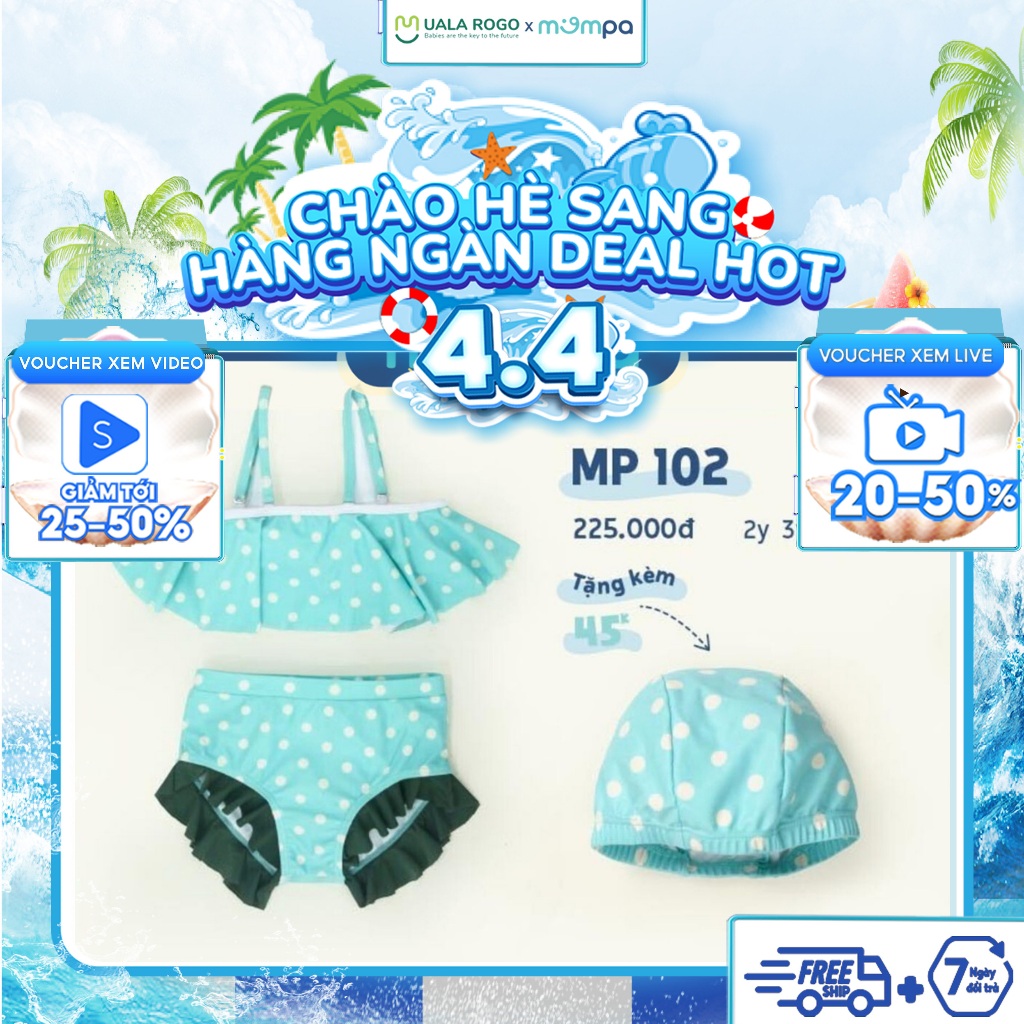 Đồ bơi bé gái Mompa 2-6 tuổi bộ Bikini tặng kèm mũ bơi vải Cotton thoáng mát mềm mát thấm hút nhanh khô 102