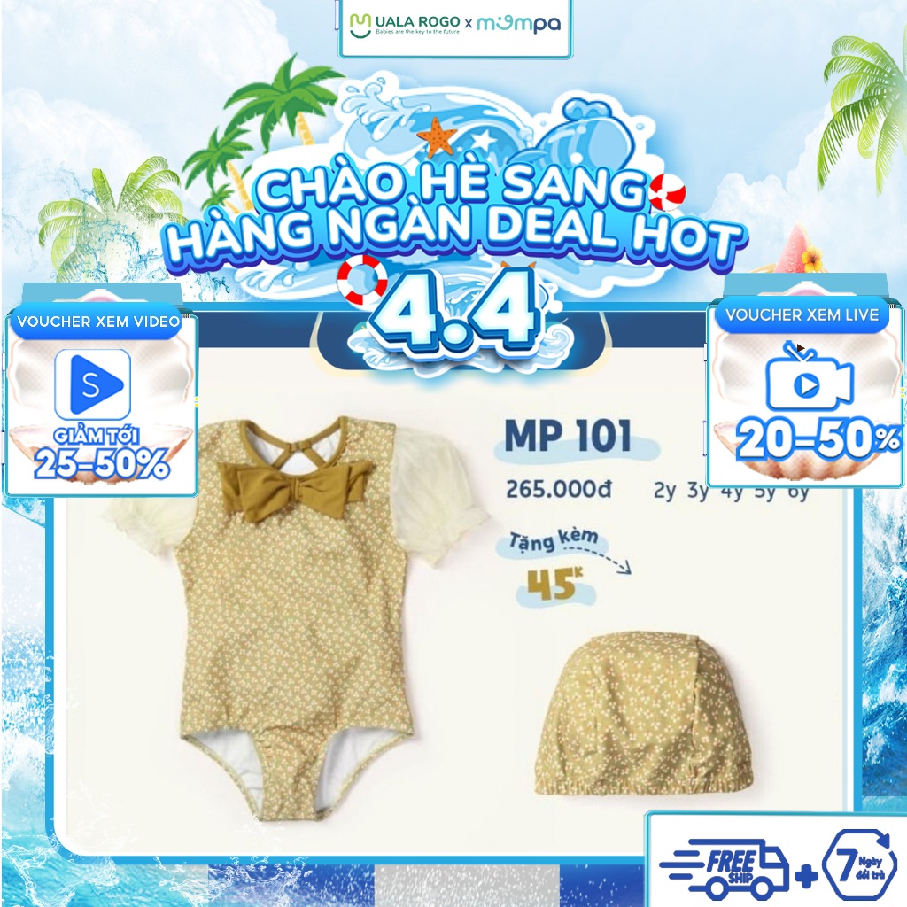 Đồ bơi bé gái Mompa 2-6 tuổi bộ Bikini tặng kèm mũ bơi vải Cotton thoáng mát mềm mát thấm hút nhanh khô 101