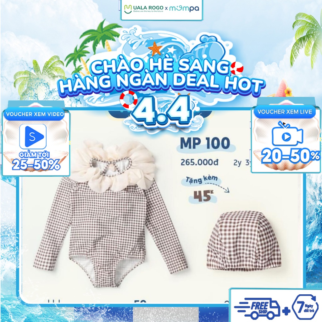 Đồ bơi bé gái Mompa 2-6 tuổi bộ Bikini tặng kèm mũ bơi vải Cotton thoáng mát mềm mát thấm hút co giãn nhanh khô 100