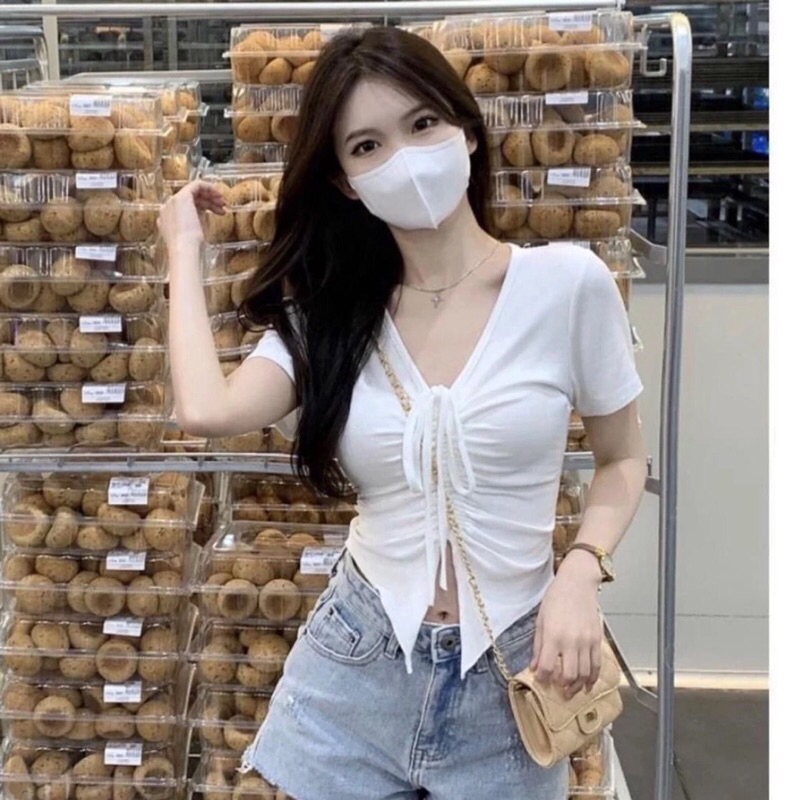 Áo kiểu nữ dây rút vạt nhọn Len Gân dáng croptop ôm A229 | BigBuy360 - bigbuy360.vn
