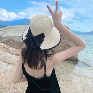 Nón cói đi biển tiểu thư Vintage nơ siêu to - Mũ cói đi nắng thắt nơ