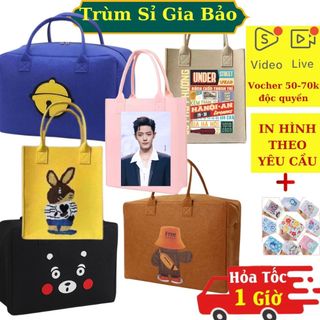 Túi xách đựng đồ du lịch đa năng đi chơi, đi biển, để quần áo, cài vali. Vải nỉ xốp hoạ tiết hoạt hình cho mẹ và bé.