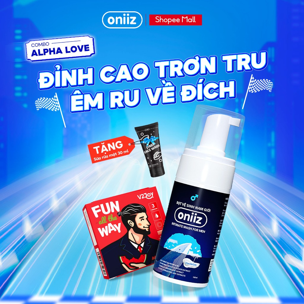 Combo Alpha Love Oniiz - Bọt vệ sinh nam giới, dung dịch vệ sinh nam và Bao cao su V2joy quà tặng sữa rửa mặt 30ml