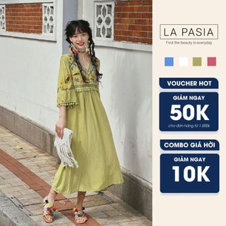 Đầm Thêu Tay Loe Cổ Chữ V LP64 Phong Cách Boho Vintage Thời Trang Du Lịch