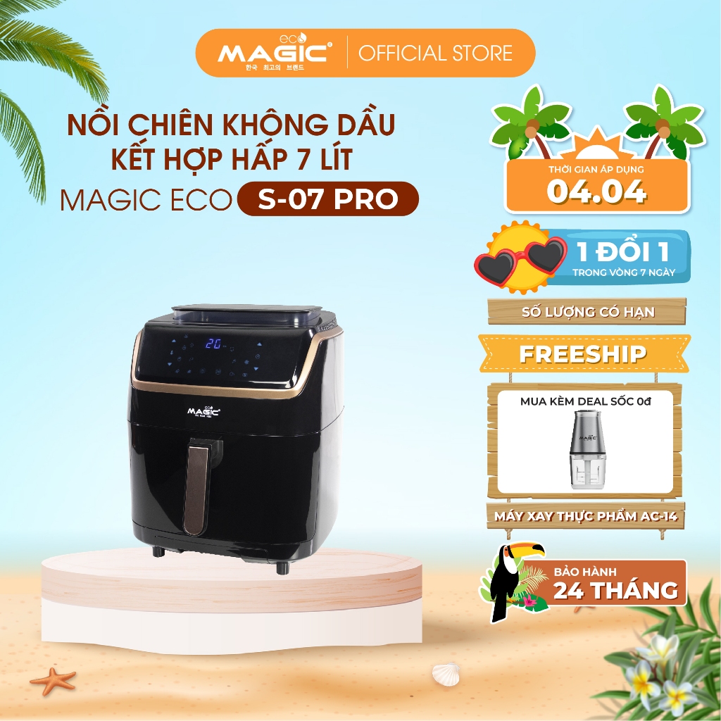 Nồi chiên không dầu kết hợp hấp Magic Eco S07 PRO 7L cho gia đình 8-10 người,8 món ăn cài đặt sẵn,giảm ồn,BH chính hãng