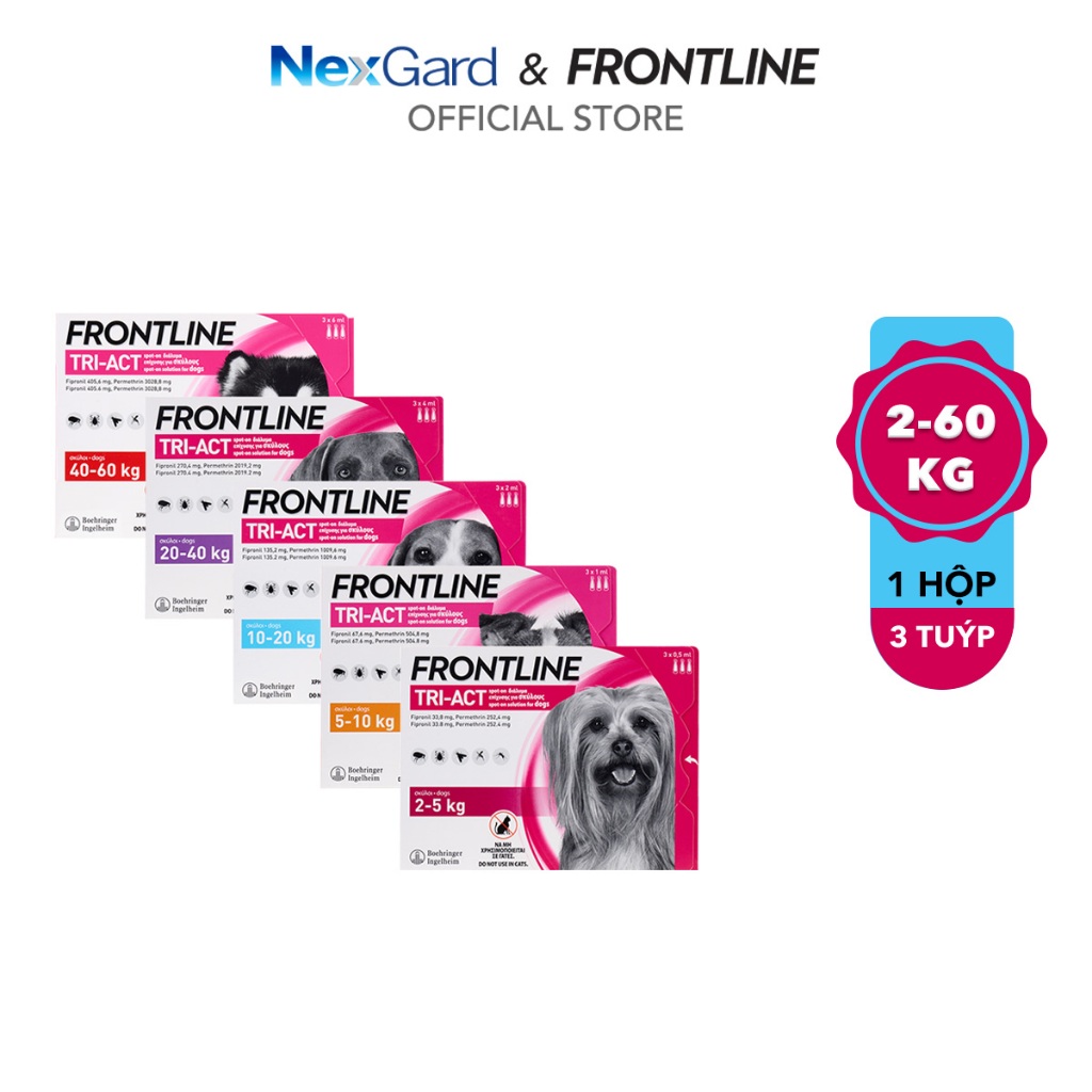 Frontline Tri-Act - Tuýp nhỏ gáy phòng & trị ve, rận, bọ chét, ruồi, muỗi dành cho chó - 1 hộp 3 tuýp