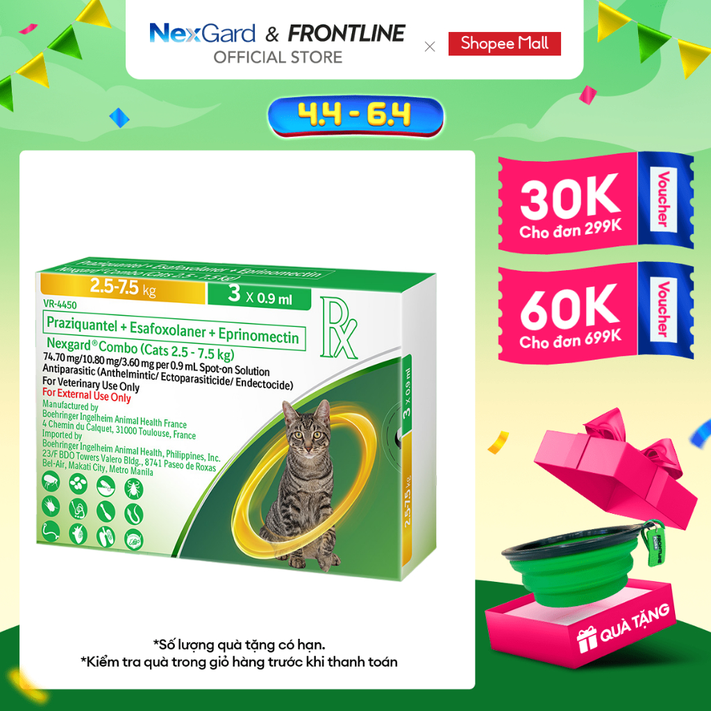 NexGard COMBO - Ống nhỏ gáy phòng & trị nội, ngoại kí sinh dành cho mèo size L (2.5 - 7.5kg) - 1 hộp 3 ống