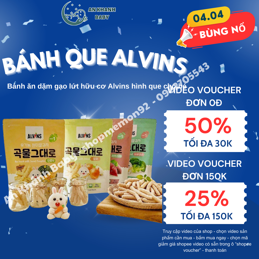 Alvins - Bánh ăn dặm gạo lứt hữu cơ hình que cho bé 6m+ túi zip 25g date T1-3/2025