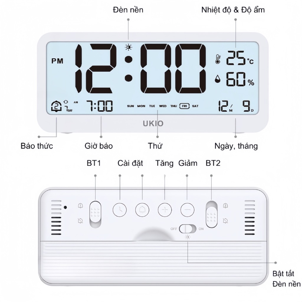 Đồng hồ led để bàn màn hình LCD cao cấp đo nhiệt độ và độ ẩm, Đồng hồ báo thức kỹ thuật số báo thức kép tích hợp đa đăng | BigBuy360 - bigbuy360.vn