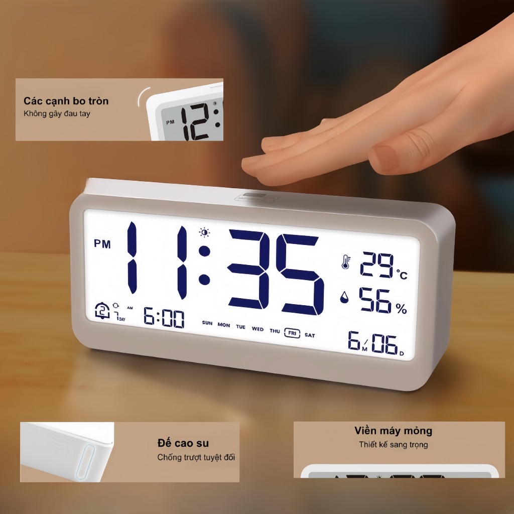 Đồng hồ led để bàn màn hình LCD cao cấp đo nhiệt độ và độ ẩm, Đồng hồ báo thức kỹ thuật số báo thức kép tích hợp đa đăng | BigBuy360 - bigbuy360.vn