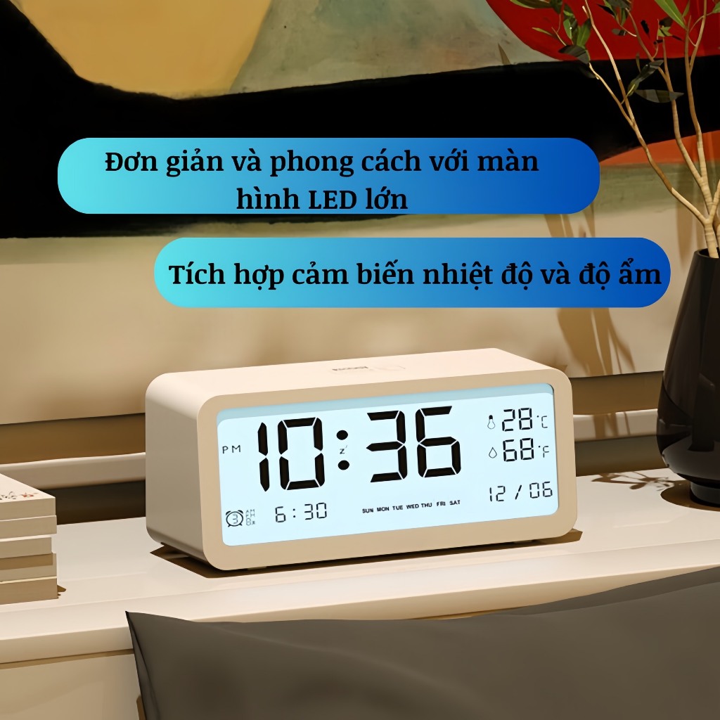 Đồng hồ led để bàn màn hình LCD cao cấp đo nhiệt độ và độ ẩm, Đồng hồ báo thức kỹ thuật số báo thức kép tích hợp đa đăng | BigBuy360 - bigbuy360.vn