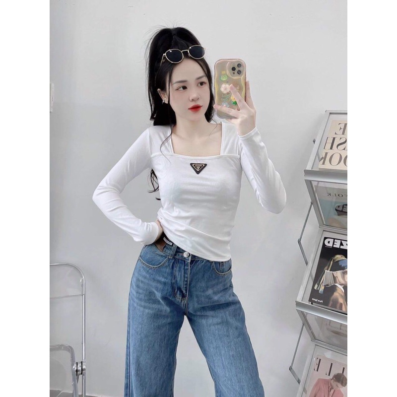 Áo thun nữ tay dài cổ vuông gắn Tag dáng ôm body A233 | BigBuy360 - bigbuy360.vn