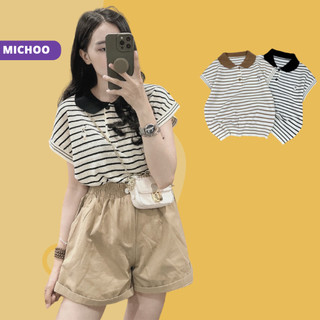 Áo Len Nữ Cộc MICHOO Tay Hến Kẻ Ngang 3 Màu Thêu Hình Thỏ