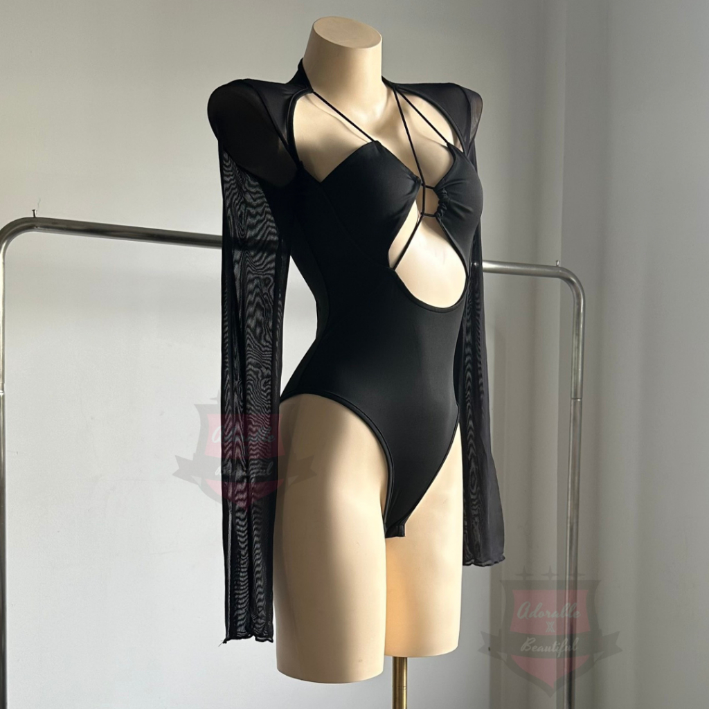 Bodysuit Đen Thun Tay Dài Lưới Cut Out Sexy Quyến Rũ, Áo Liền Thân Dây Ôm Body Hở Ngực