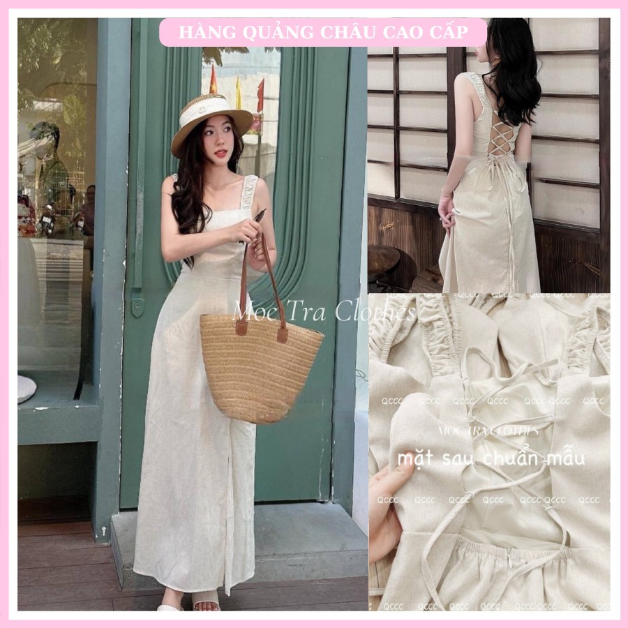 Đầm maxi hai dây Quảng Châu màu be thiết kế có đệm ngực đan lưng xẻ đùi siêu xinh