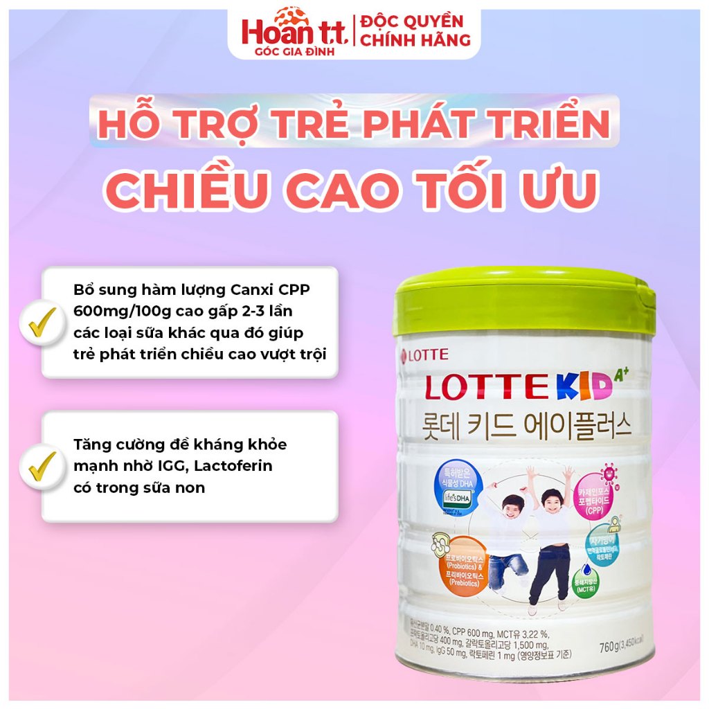 Sữa Bò Lotte Kid A+ Giúp Phát Triển Chiều Cao Lon 760g - Sữa Bột Bổ Sung Canxi Giúp Ổn Định Hệ Tiêu Hóa Của Bé