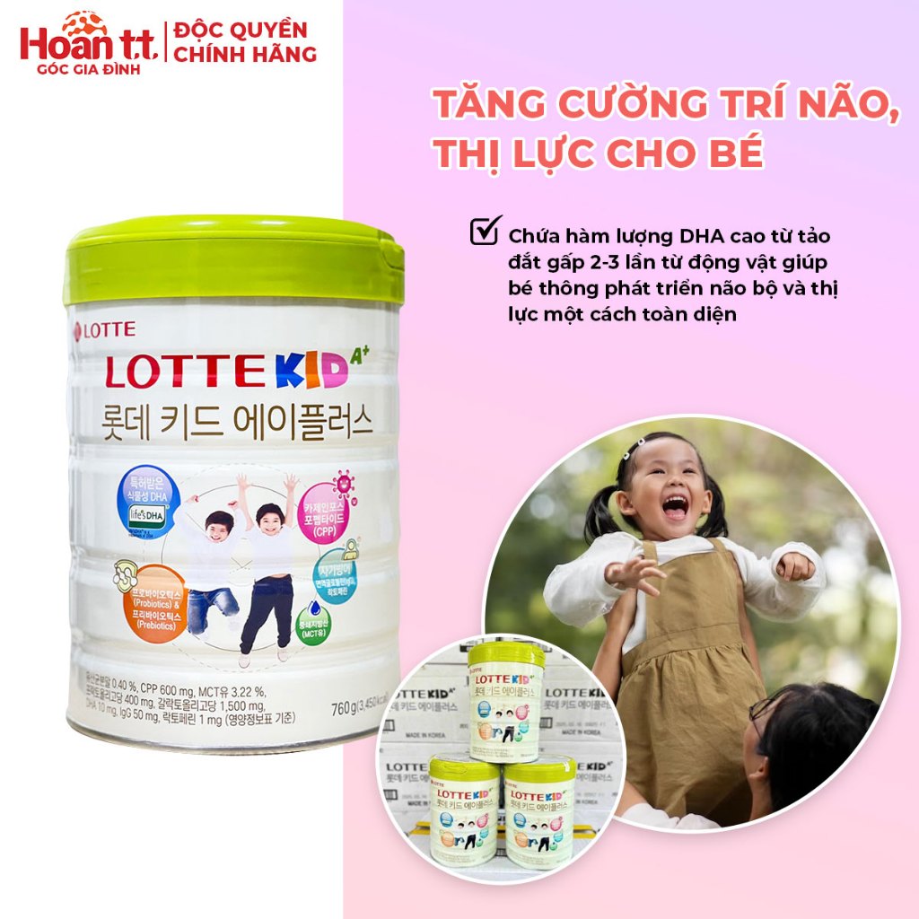 Sữa Bò Lotte Kid A+ Giúp Phát Triển Chiều Cao Lon 760g - Sữa Bột Bổ Sung Canxi Giúp Ổn Định Hệ Tiêu Hóa Của Bé