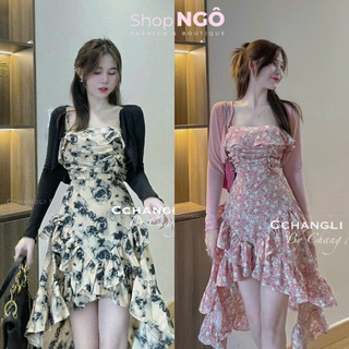 Set đầm váy thời trang nữ,set đầm hai dây midi hoa bèo tầng vạt lệch đuôi cá xòe + khoác ngoài mỏng bánh bèo xinh xắn