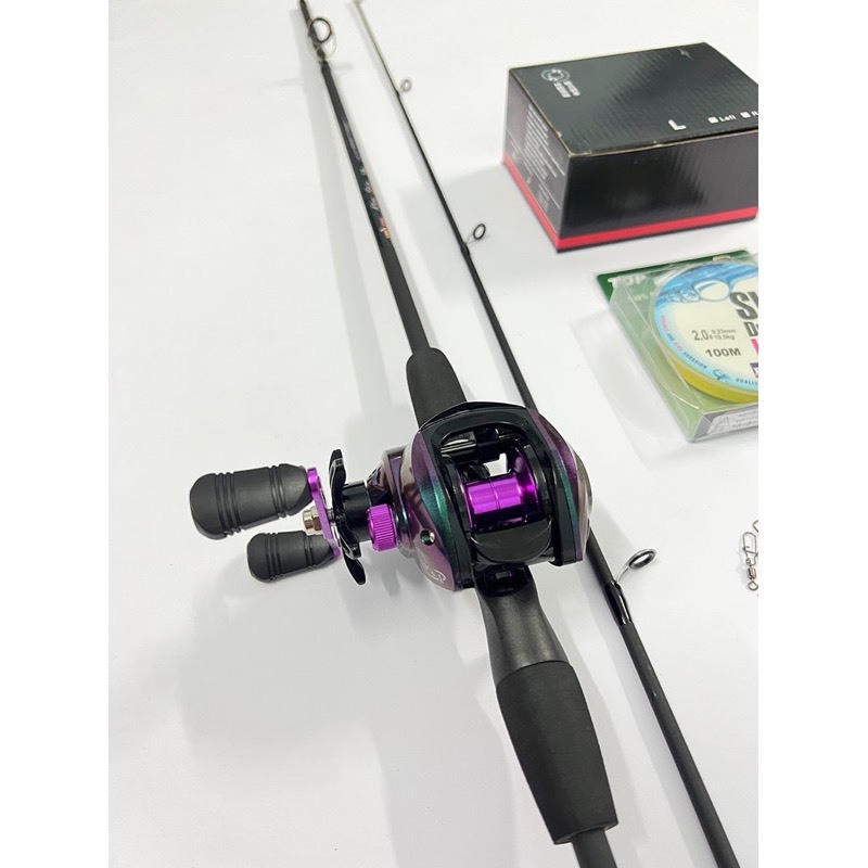 Combo bộ cần câu lure máy ngang Spin Rice máy ngang Tian Ánh Tím kèm dây + nhái + khóa sale giá rẻ (Bộ sói đen ánh tím)