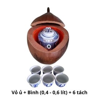 Bộ vỏ giữ ấm bình trà trái dừa không sơn, màu nguyên thủy của trái dừa - bình trà 400 - 700ml
