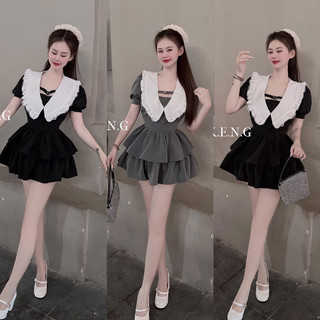 Đầm nữ tay bồng cổ bèo đính tang chân xoè tầng cực xinh