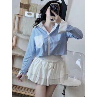 Áo sơ mi croptop sọc dọc dài tay fom nữ