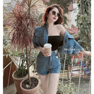 Set jeans qc cao cấp áo khoác ngoài mix quần short ống rộng phù hợp đi làm đi chơi D238