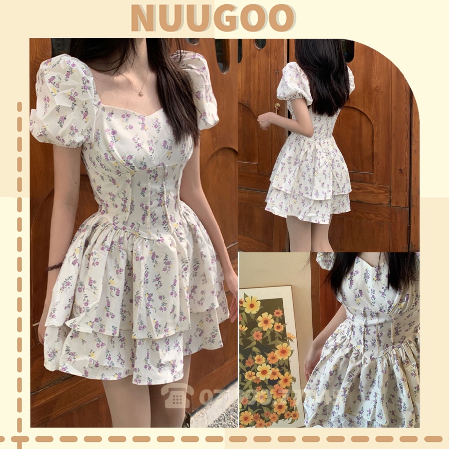 váy nữ hoa nhí [FREESHIP] Đầm nữ tay phồng họa tiết hoa nhí phong cách hàn quốc NUUGOO14