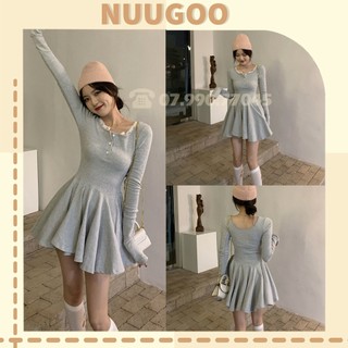 váy nữ [FREESHIP] đầm nữ dài tay nữ kiểu dáng chữ a màu xám phong cách hàn quốc NUUGOO4