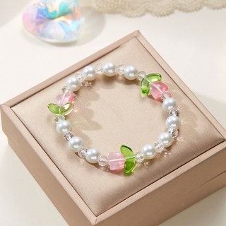 Vòng tay chuỗi hạt hoa tulip hồng- vòng tay handmade chuỗi hạt cho nữ